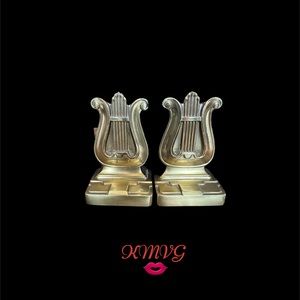 Vintage PMC Brass Harp Bookends MCM Musical Book Ends 5.75”